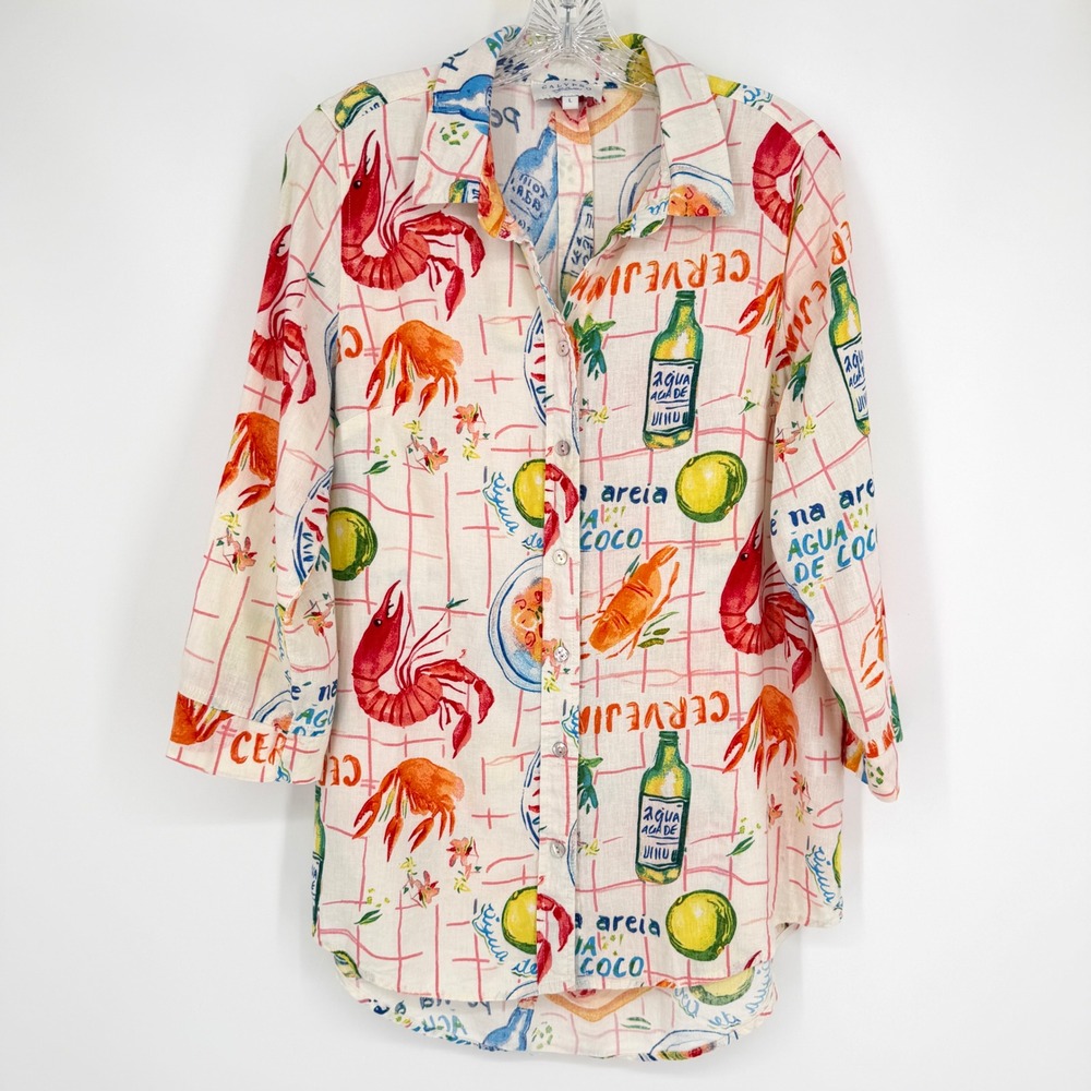 Calypso‎ St. Barth Button Down Shirt Multi Color Seafood Print Linen Blend L